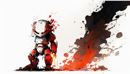 Humanoid red killer robot ,isolated on white background - watercolor style illustration background by Generative Ai
