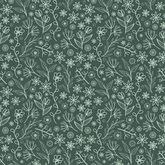 Seamless repeat pattern. Boho inspired small scale flowers and foliage in green and sage. - obrazy, fototapety, plakaty