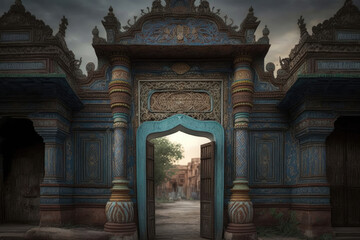 entrance gate of a small oriental village, beautiful blue pattern, and noble decorations created with Generative AI technology