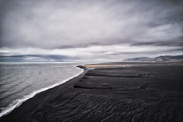 A beautiful drone shot of the black sand beach in Iceland