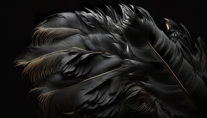 Black color feathers bird background colored plumage. Close up photo of shimmered feathers of paradise bird. 3D realistic illustration. Based on Generative AI