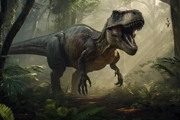 Foto op Plexiglas Dinosaurus Majestic dinosaur in a fantasy landscape. AI generated, human enhanced