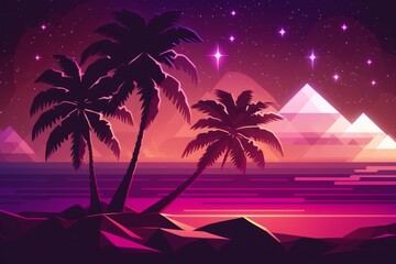 Fototapeta na wymiar An abstract low polygon background in shades of pink and purple, resembling a cosmic landscape. A neon-lit palm tree with a retro-futuristic vibe in the foreground. Generative AI