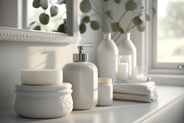Fototapeta na wymiar Cosmetic products for body care are displayed beautifully in elegant soft light in a white bathroom interior with a modern style. selective focus. Generative AI 