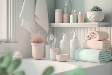 Obraz na płótnie Canvas Cosmetic products for body care are displayed beautifully in elegant soft light in a white bathroom interior with a modern style. selective focus. Generative AI 