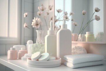 Cosmetic products for body care are displayed beautifully in elegant soft light in a white bathroom interior with a modern style. selective focus. Generative AI	