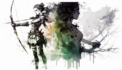 Obraz premium woman warrior with bow, isolated on white background - watercolor style illustration background by Generative Ai
