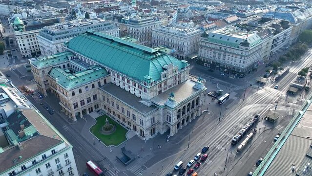Aerial view of famous Vienna Opera house (Wiener Staatsoper) and the Art Gallery museum in historic center of city - landscape panorama of Austria from above, Europe