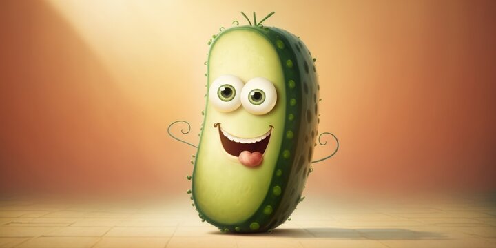 Naklejki Happy smiling green cucumber zuccini face cartoon character, funny cute vegetable sticker color personage icon on pastel background, healthy organic vegan diet food. AI generative.