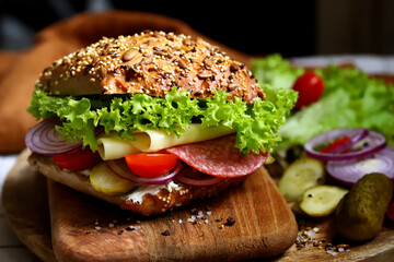 Appetizing sandwich with salami, cheese and vegetables.