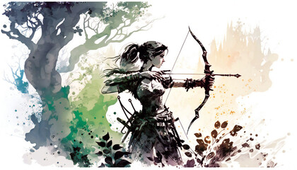 woman warrior with bow, isolated on white background - watercolor style illustration background by Generative Ai