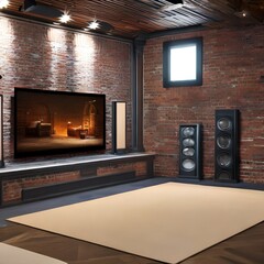 a home theater with an industrial design and exposed brick walls3, Generative AI