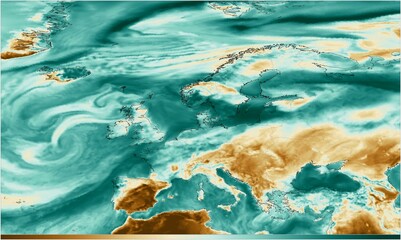 Mapa de Europa muestra la baja humedad, destaca áreas con poca precipitación y altas tasas de evaporación, como el sur de Europa y la región del Mediterráneo.