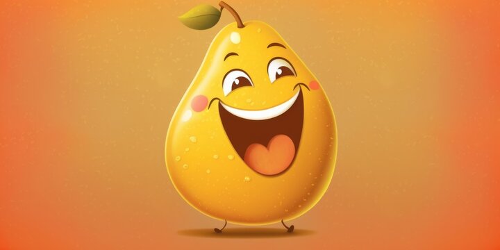 Naklejki Happy smiling yellow pear face cartoon character, funny cute fruit sticker color personage icon isolated on orange background, healthy organic vegan diet food. AI generative.