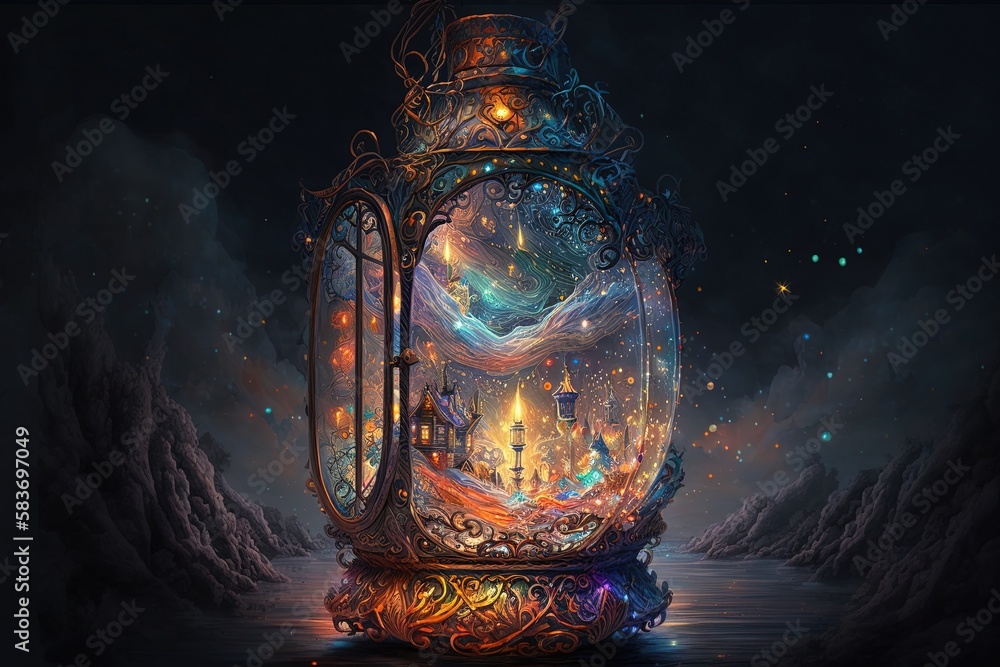 Poster transcending horizons through mythical luminescence: discovering a fantastical lantern generative ai