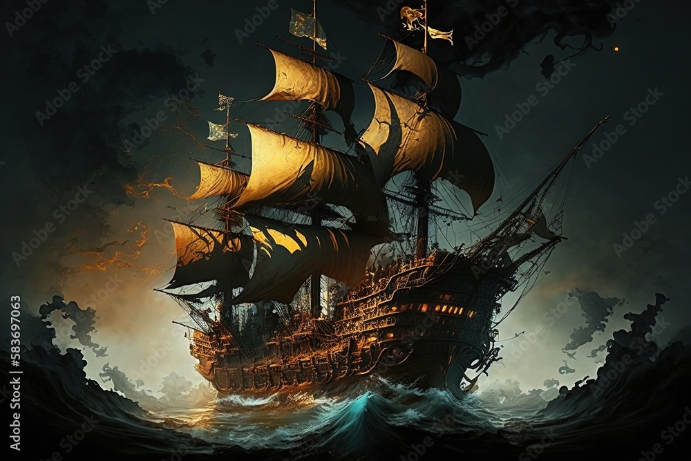 Poster treasure-laden portrait of the inviting unknown—an astonishing representation of a pirate ship in fl