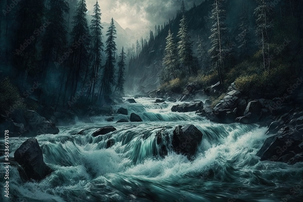 Poster turbulent rapids through the neverdusk forest generative ai