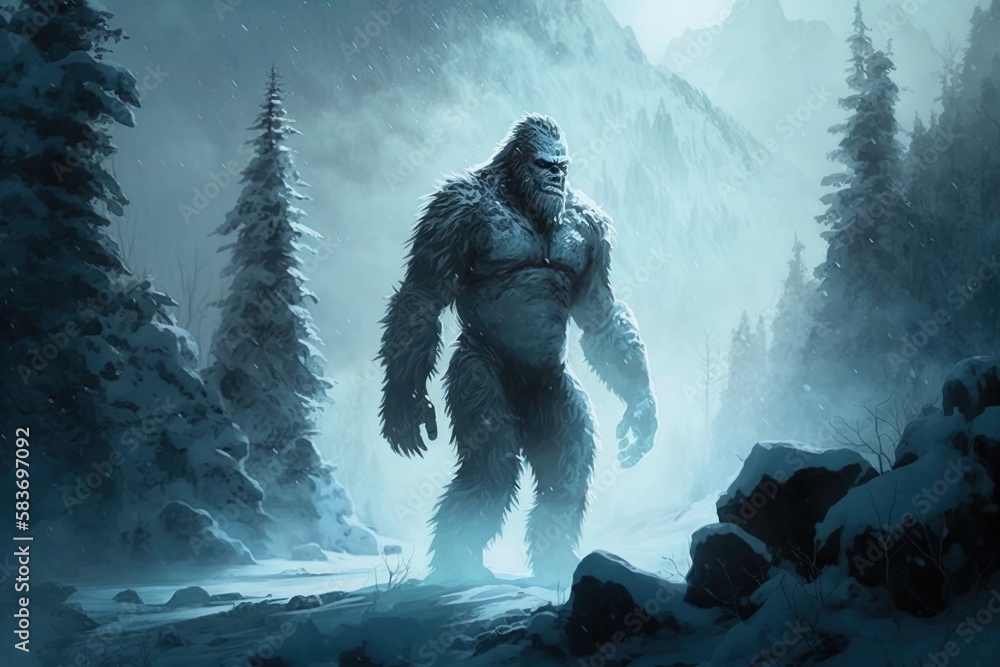 Poster uncovering an unknown creature - the story of a lost yeti generative ai