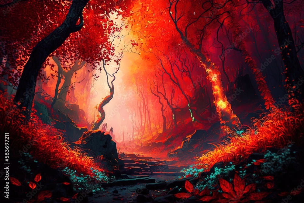 Poster visions of fiery tranquility in a vibrant forest setting generative ai