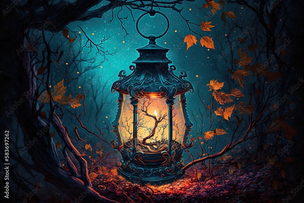 Poster witching glows and deadly shadows of an enchanted lantern generative ai