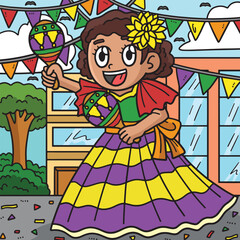 Cinco de Mayo Girl Playing Maracas Colored Cartoon
