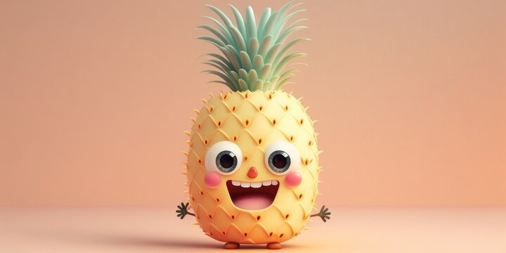 Happy smiling yellow pineapple face cartoon character, funny cute fruit sticker color personage icon isolated on orange background, healthy organic vegan diet food. AI generative.