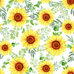 Seamless floral pattern-237. Sunflowers on a white background 4, hand drawn watercolour illustration.