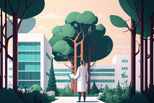Doctor holding clipboard in front of hospital and trees, medical concept, digital art, World Health Day, Generative AI