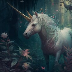 A unicorn in a magical forest storybook 4k