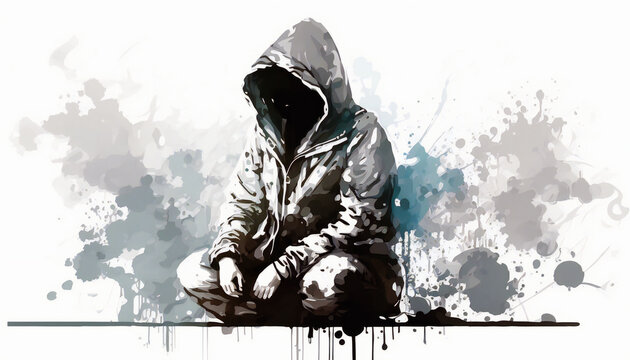 man with hoodie and covered face, isolated on white background - watercolor style illustration background by Generative Ai