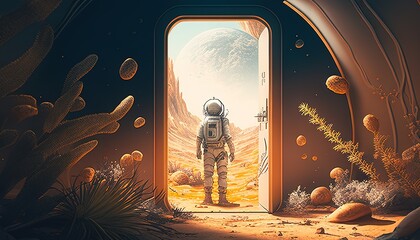 Fototapeta na wymiar astronaut discovering new world, digital art illustration, Generative AI