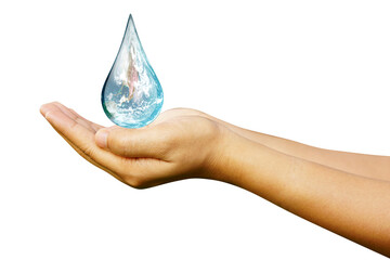 World Ocean Day. Day against danger and world drought. water droplets in human hands
