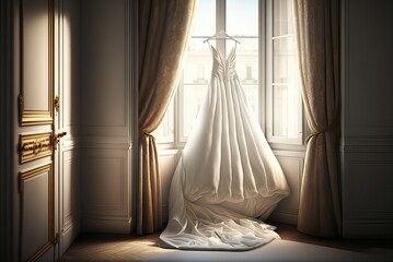 Beautiful wedding gown hanging in a luxury hotel room, generative ai