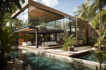 Stunning modern glass house completely transparent with a huge pool surrounded by a tropical garden, generative AI