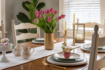 Pretty dining room table with pink tulips in a gold vase
- 583698608