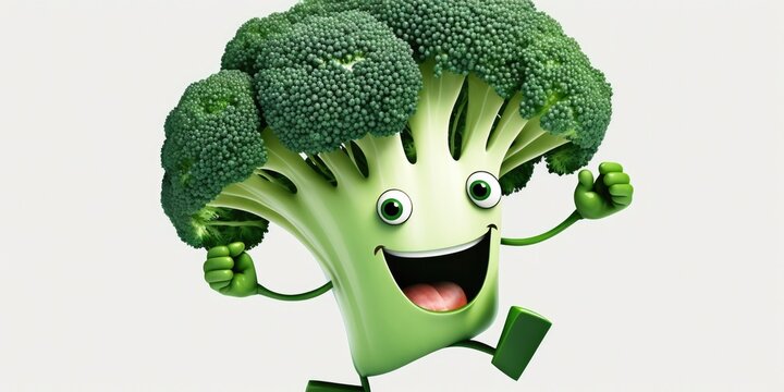 Naklejka Happy smiling crazy green broccoli cartoon face character, funny cute vegetable sticker color personage icon isolated on white background, healthy organic vegan diet food. AI generative.