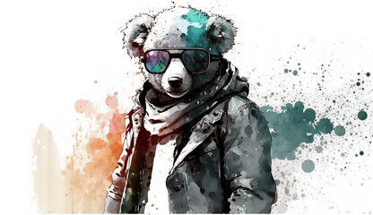koala bear with sunglasses and jacket, isolated on white background - watercolor style illustration background by Generative Ai