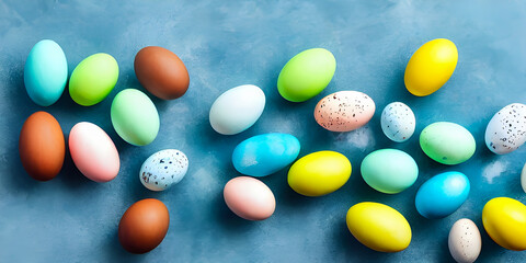 Fototapeta na wymiar Pastel colorful eggs on the background, Easter postcard, created with Generative AI