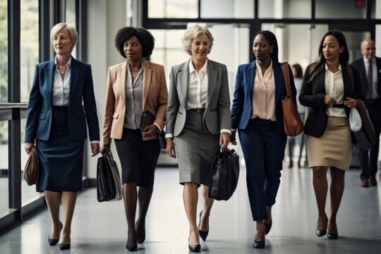 Photorealistic Ai artwork of a diverse group of women working in a corporate office environment. Generative ai.