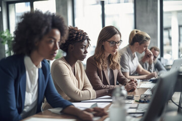 Photorealistic Ai artwork of diverse women and people in the workplace. Generative ai.