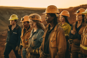 Fototapeta premium Photorealistic Ai artwork of diverse women workers on a mine site. Generative ai.