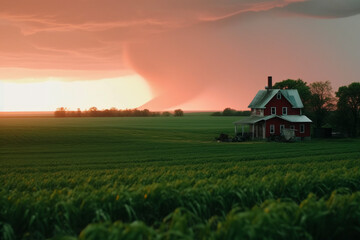 Photorealistic ai artwork of a red farmhouse or barn with green cops and a large rainstorm in the distance at sunset.. Generative ai.