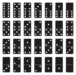 Domino set of 28 tiles with black pieces with white dots