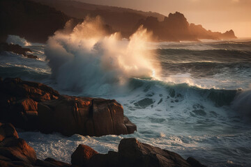 Fototapeta premium Photorealistic ai artwork of large waves crashing and breaking on a rocky coastline at sunset. Generative ai.