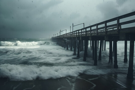 Fototapeta Photorealistic ai artwork of large waves crashing over a pier in a storm. Generative ai.