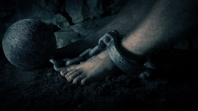 Man In Chains In Medieval Prison
