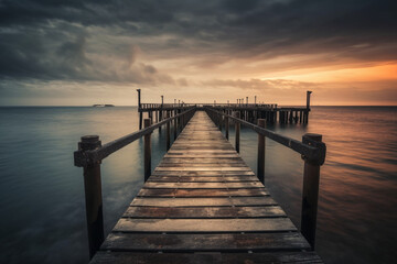 Photorealistic ai artwork of a dramatic sunset or sunrise over a pier. Generative ai.