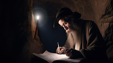 Biblical Illustration - An older man perhaps a scribe or prophet writes while in a cave - Generative AI Illustrations - obrazy, fototapety, plakaty
