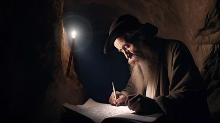 Poster Biblical Illustration - An older man perhaps a scribe or prophet writes while in a cave - Generative AI Illustrations © Stephen Pierce