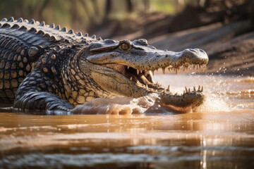 Obraz premium Photorealistic ai artwork of a crocodile in the water. Generative ai.